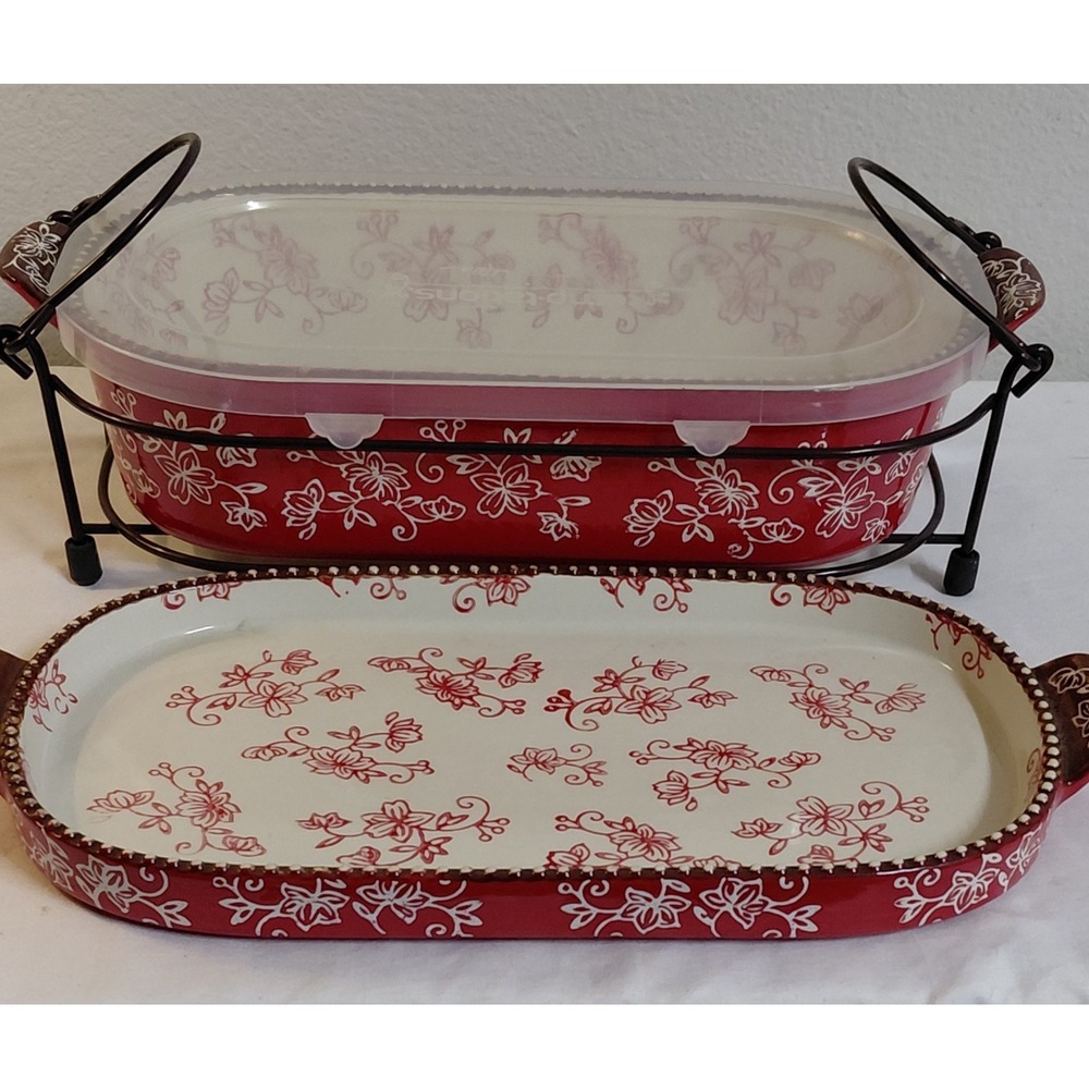 Temp-tations by Tara Floral Lace 2 Qt Baking Dish Set w Lid Tray Rack Red Floral - Picture 3 of 12